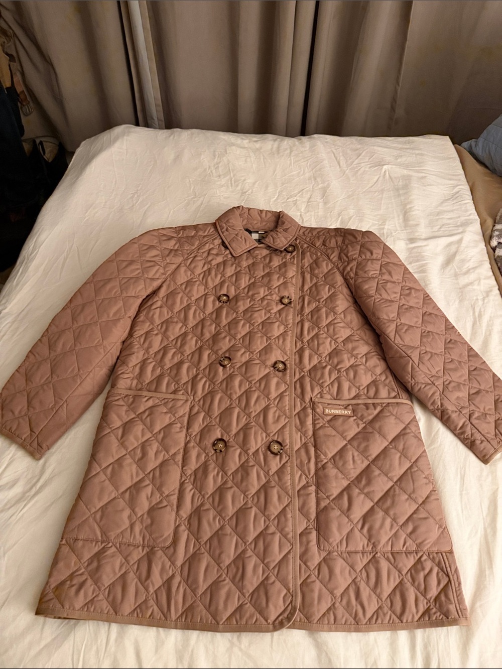 Burberry Quilted Double-Breasted Coat in Mauve
